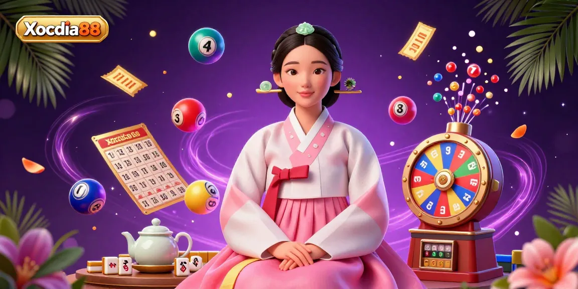 Xocdia88 brings the excitement of dynamic gambling, featuring an elegant Asian woman among vibrant game elements and magical atmosphere.
