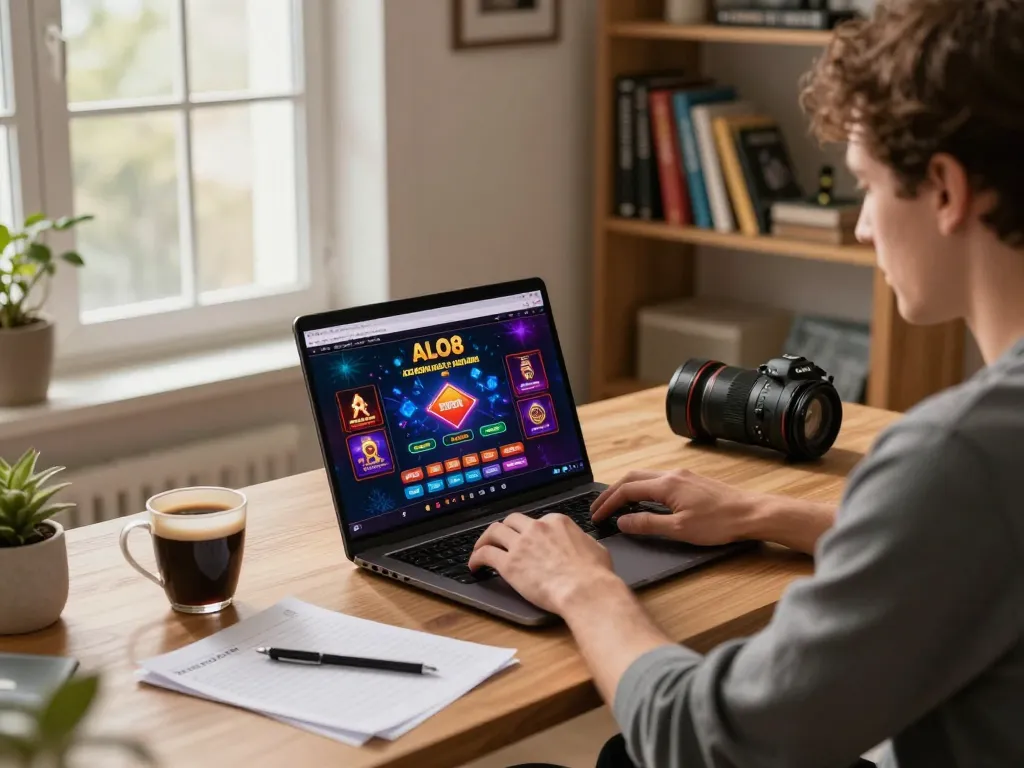 Player engaging with ALO8 online casino platform, showcasing energetic gameplay and inviting home environment.