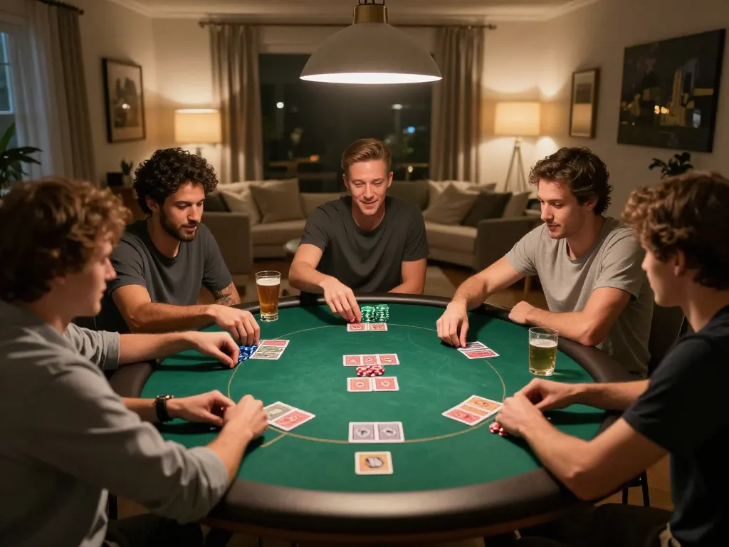 Friends engaging in a lively poker game at home, showcasing MM88 strategy and excitement with chips and cards on the table
