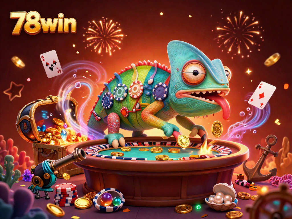 Experience vibrant casino excitement at 78win with a colorful chameleon and treasure-filled backdrop.