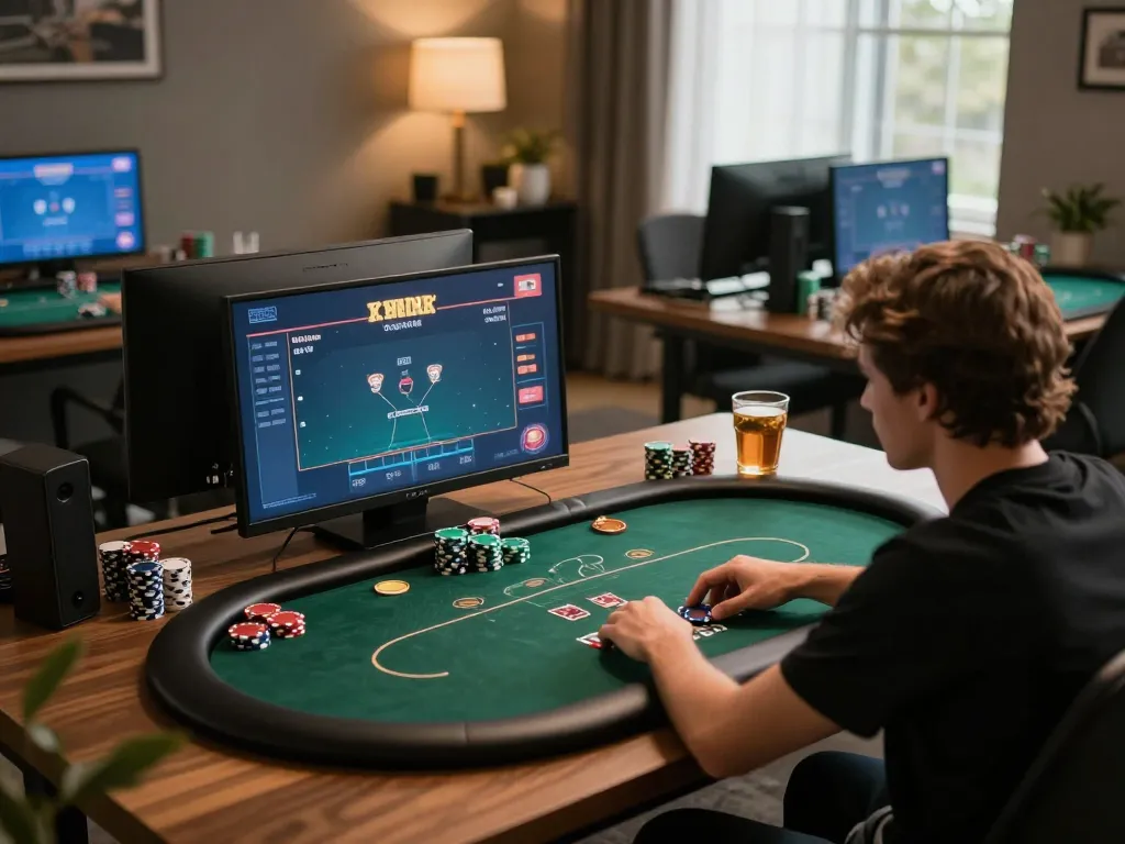Engaged player at home using a gambling app with multiple screens, showcasing nhà cái uy tín experience.