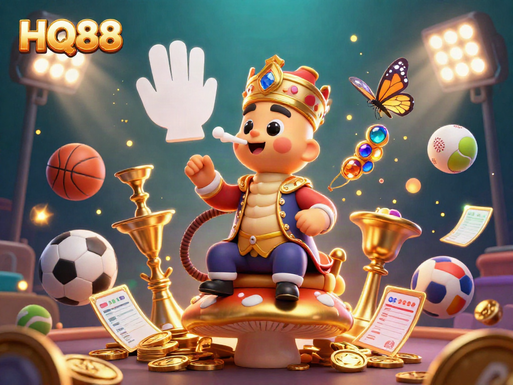 HQ88 showcases a vibrant 3D casino scene featuring a caterpillar hookah-master and sports elements.