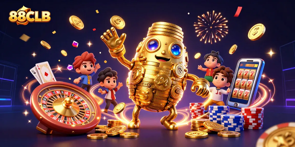 88CLB reels in excitement with a golden golem amidst dynamic casino elements.