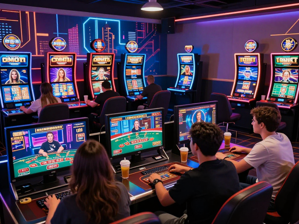 KOMBET168 online casino gaming scene with players enjoying digital blackjack and slot machines in a vibrant atmosphere.