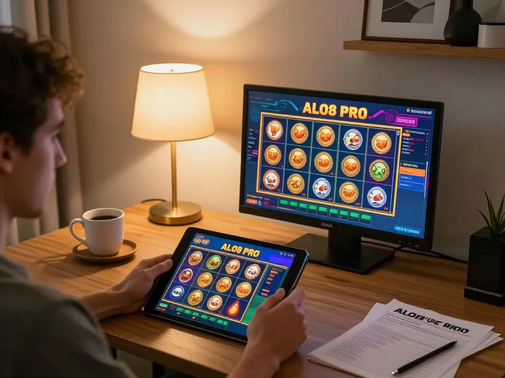 Player engaging in ALO8 PRO online casino gaming at home with tablet and strategy notes
