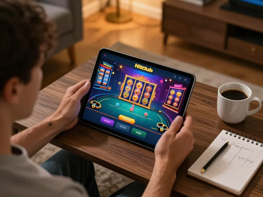 Hitclub player engaged in dynamic online gaming, enjoying immersive experience on tablet