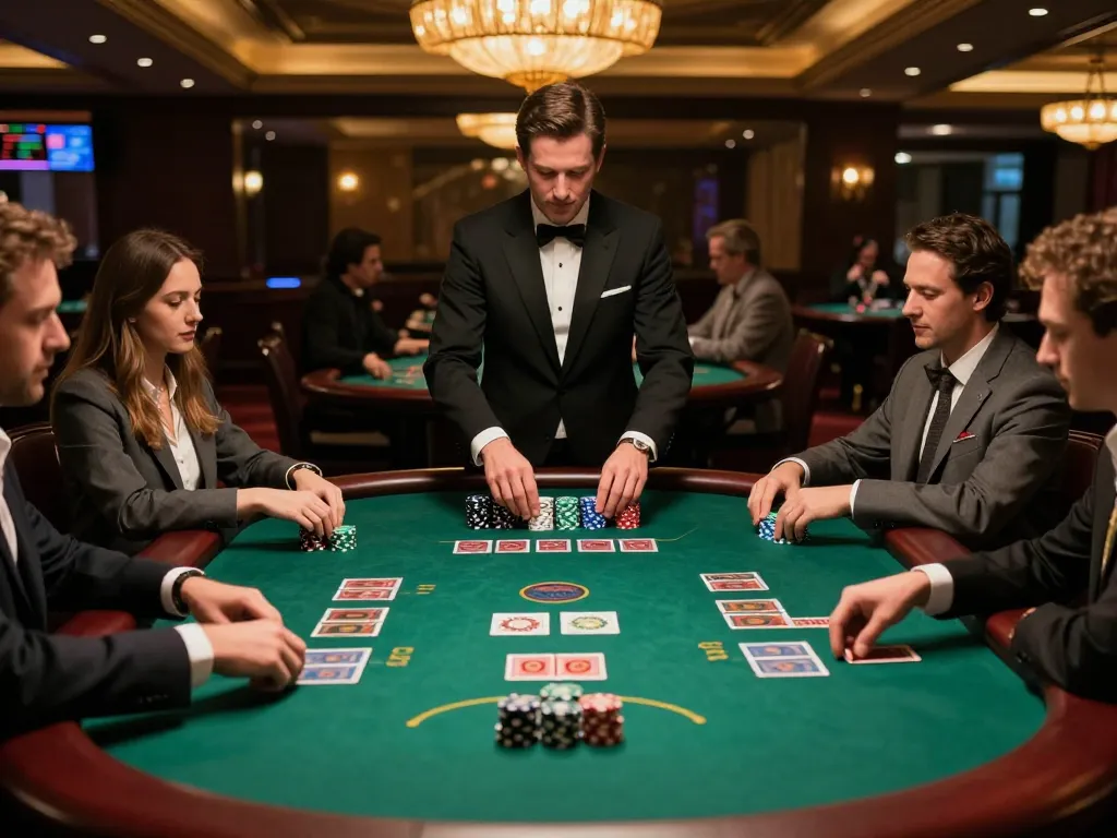 gbong players engaged at an elegant blackjack table, showcasing strategic gameplay and luxury casino atmosphere