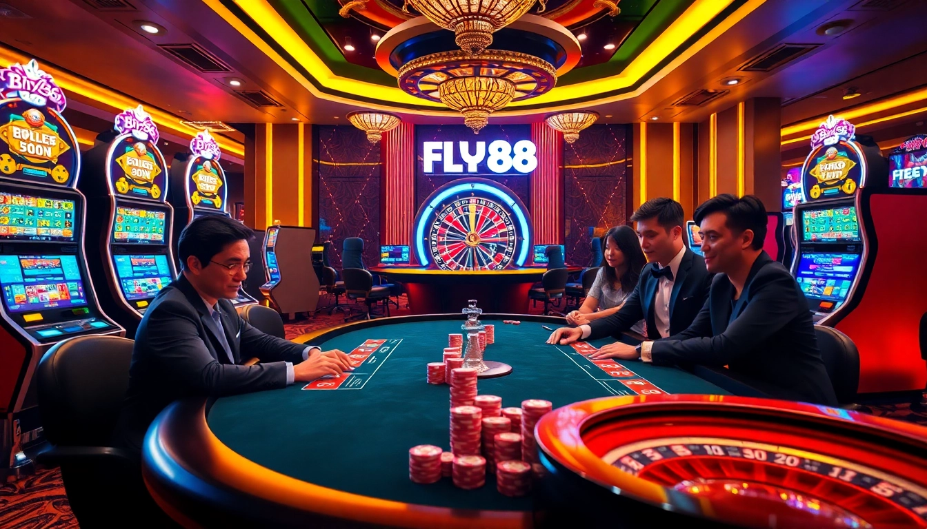 Casino players enjoying a poker game at FLY88, surrounded by vibrant slot machines.