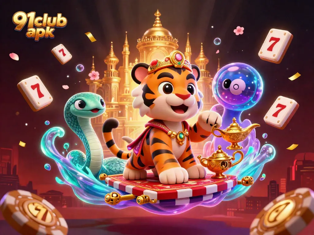 Win big with 91club apk in an ultra-detailed illustration featuring a magical tiger sultan on a vibrant flying carpet.