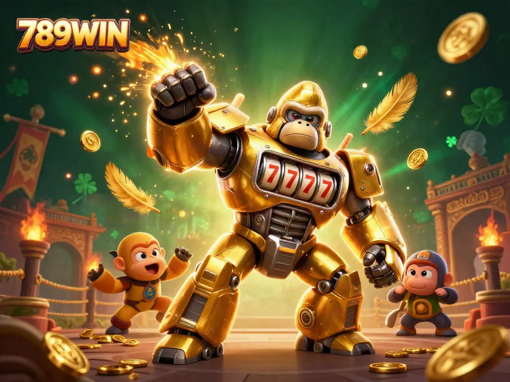 Experience thrilling gameplay with 789WIN's vibrant golden gorilla mech in a dynamic casino battle scene.