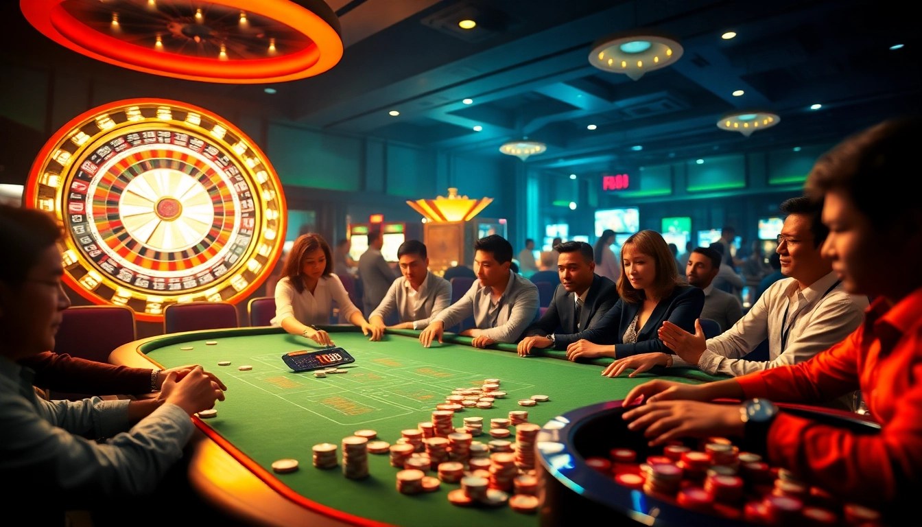 tr88 gamblers engaging at an exciting poker table with vibrant casino elements