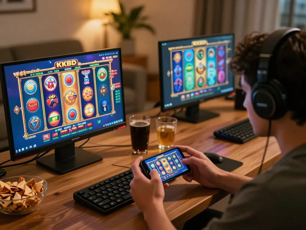 Engaging in KKBD Bangladesh slots with vibrant graphics on a mobile device in a cozy home setting