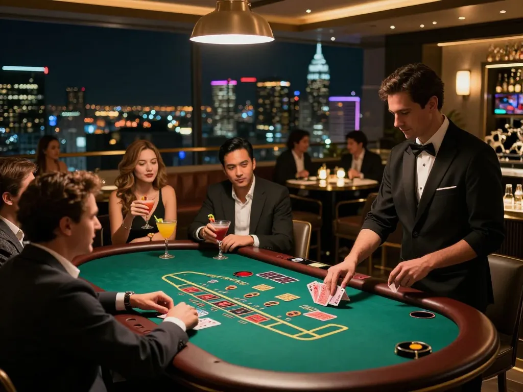 Experience high-stakes gameplay at cm88's rooftop casino bar with stunning skyline views.