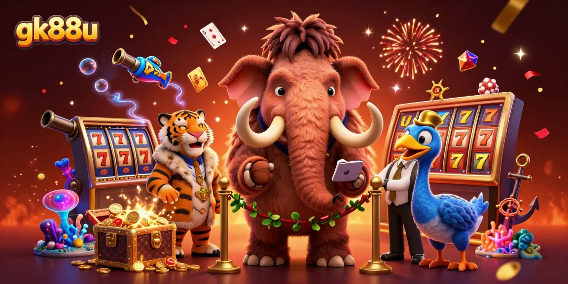 gk88u showcases a vibrant casino scene with a mammoth bouncer, saber-tooth guest, and dodo doorman.