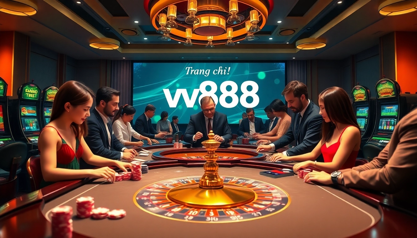 Engaging gamblers at Trang chủ v88 casino tables showcasing roulette and poker excitement.