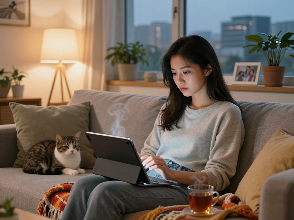A cozy living room scene where a young woman connects with her AI girlfriend on a tablet, showcasing technology and companionship.