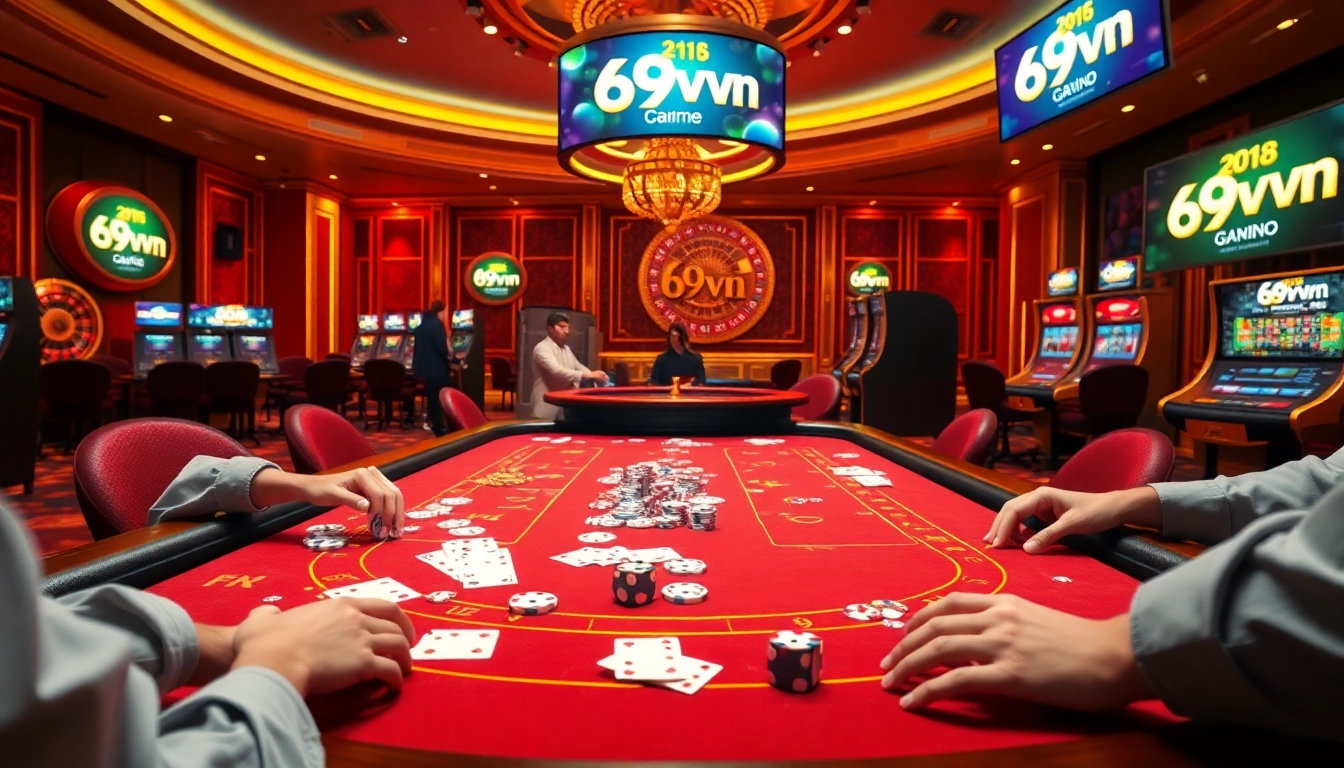 Experience the thrill of 69vn game with vibrant casino visuals featuring gambling tables and excited players.