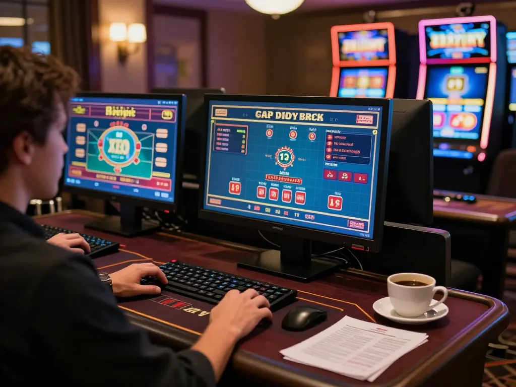 Engaging online gaming experience with NHÀ CÁI EE88 interface displayed on multiple screens in a cozy environment.