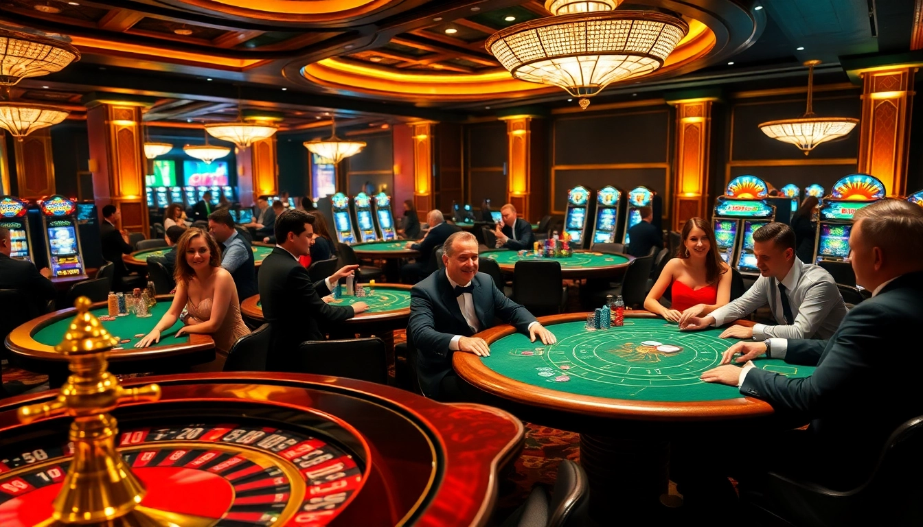 Gambling excitement at https://32wingroup.com/ featuring players at poker and blackjack tables.