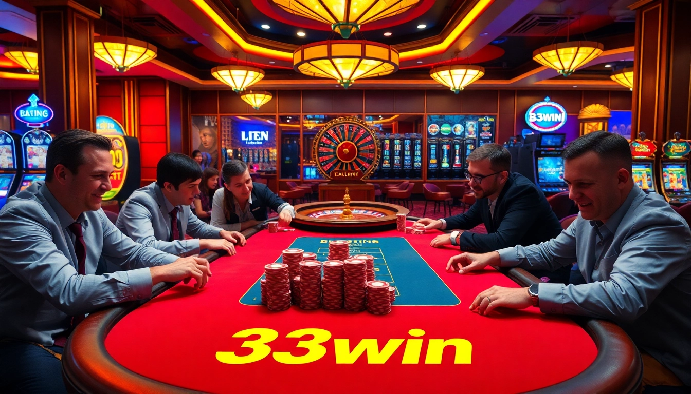 Players engaging in a high-stakes poker game at 33win with vibrant casino aesthetics.