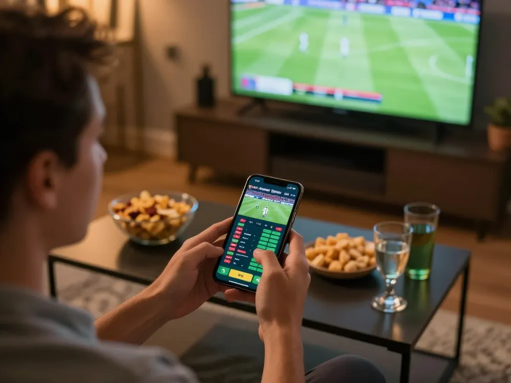 Engaging sports betting scene with a user placing bets on sin88 app while enjoying a live match.