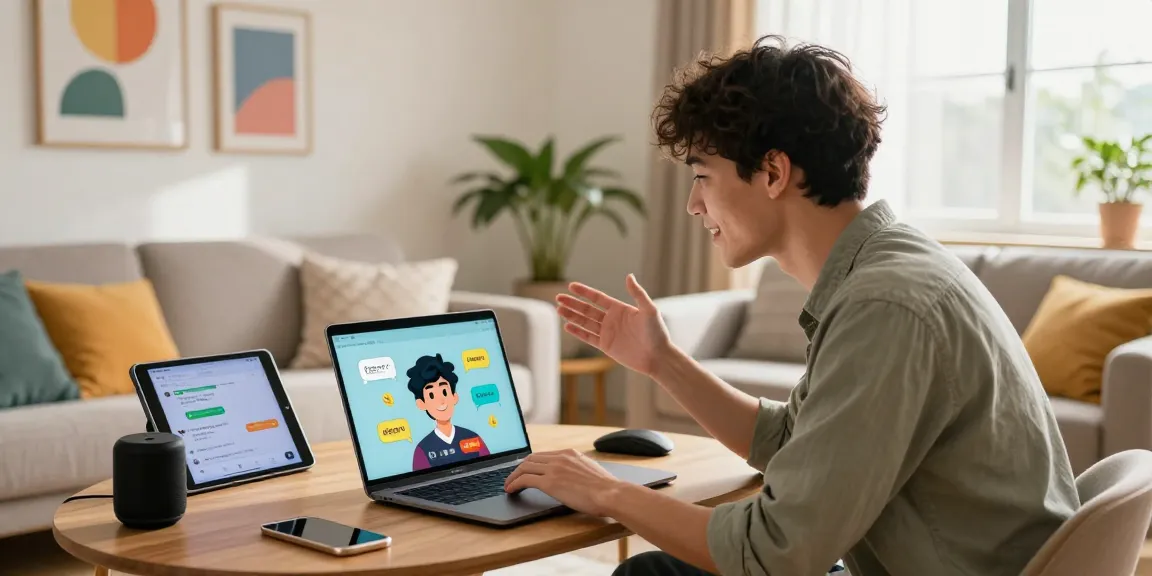 Engaging spicy chat scene with a young adult conversing with a digital avatar, showcasing a lively home atmosphere.