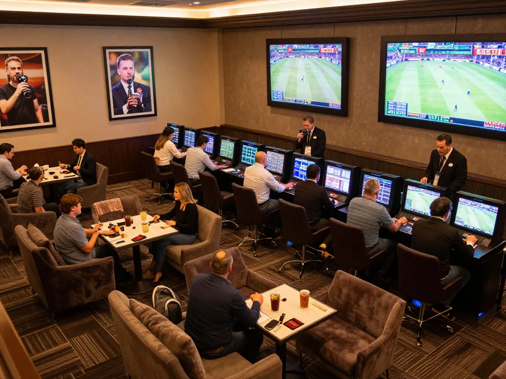 Excited patrons engaging in sports betting at tylekeonhacai88, surrounded by live game displays and inviting lounge