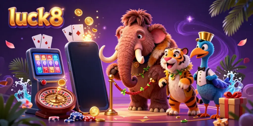 Experience luck8's vibrant casino scene featuring a mammoth bouncer, a saber-tooth tiger, and gaming excitement.