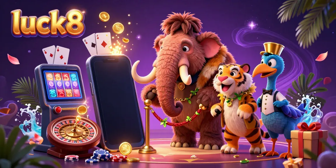 Experience luck8's vibrant casino scene featuring a mammoth bouncer, a saber-tooth tiger, and gaming excitement.