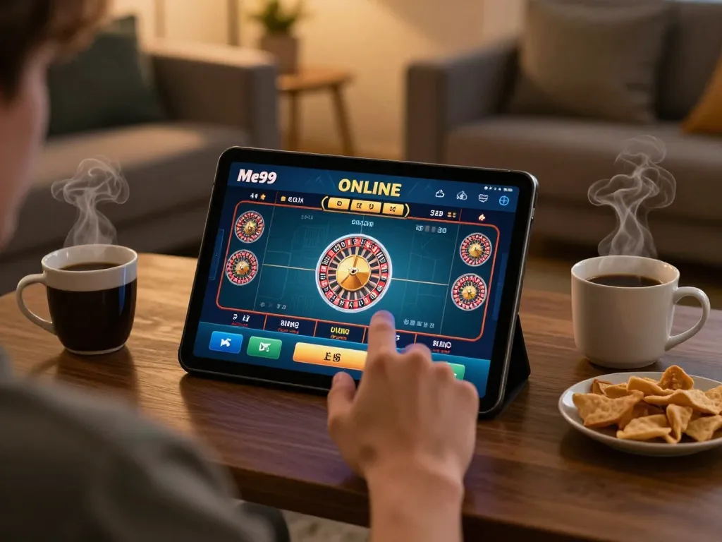 Engaging in online casino action with Me99 on a mobile device in a cozy home setting.