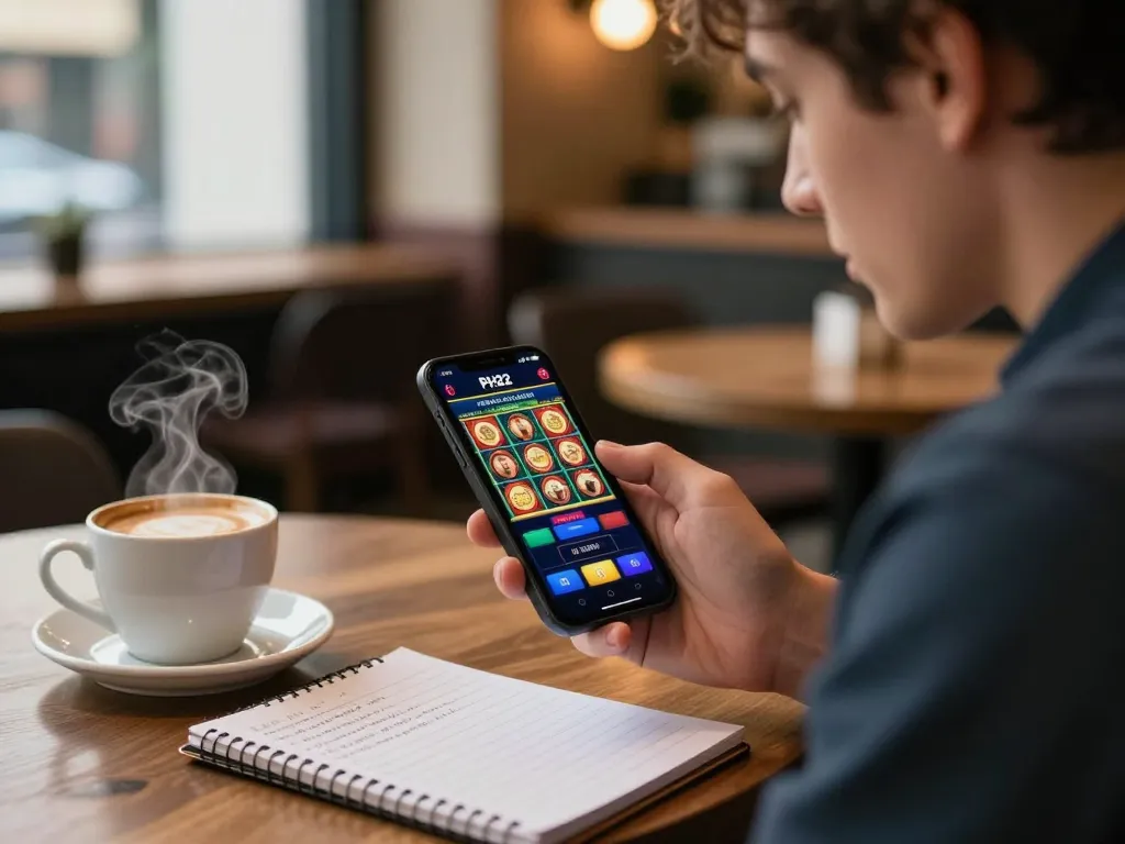 Player using the PH22 app on their smartphone, immersed in online slot gaming at a cozy café.