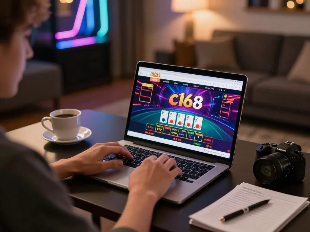 Person engaging in online casino gaming on c168 platform with vibrant interface and strategic notes