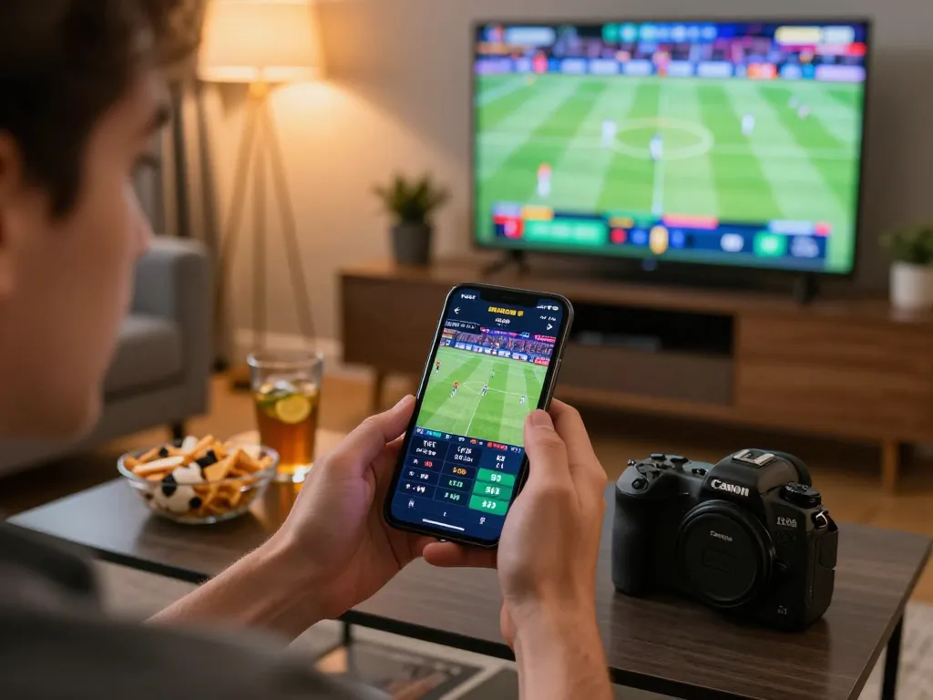 Kèo Nhà Cái Hôm Nay: Enthusiastic sports betting scene with a smartphone showing live odds and action