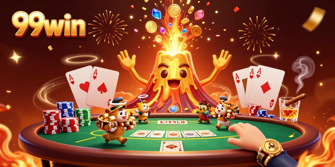 Engage in thrilling casino action with the 99win golden volcano erupting coins and poker elements.