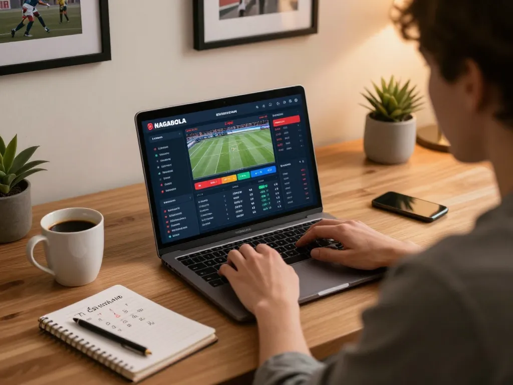 NAGABOLA sports betting interface on a laptop with a cozy home setup and warm lighting.