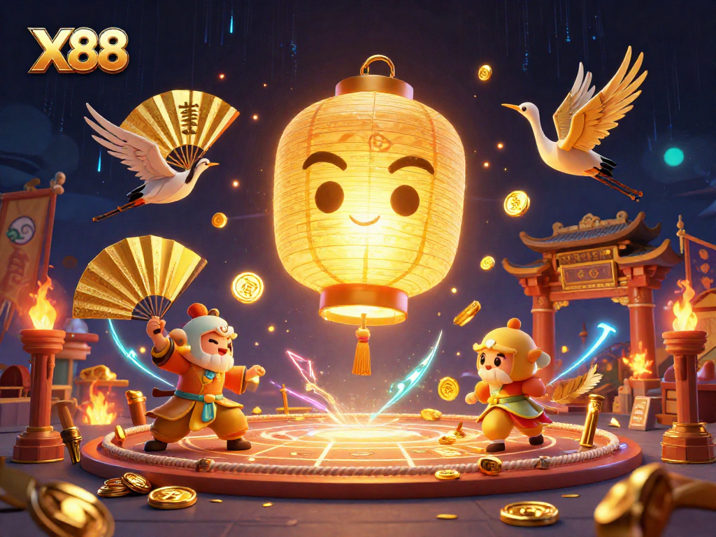 X88 showcases a vibrant night market casino scene with golden lanterns and warriors, filled with animated gambling action.