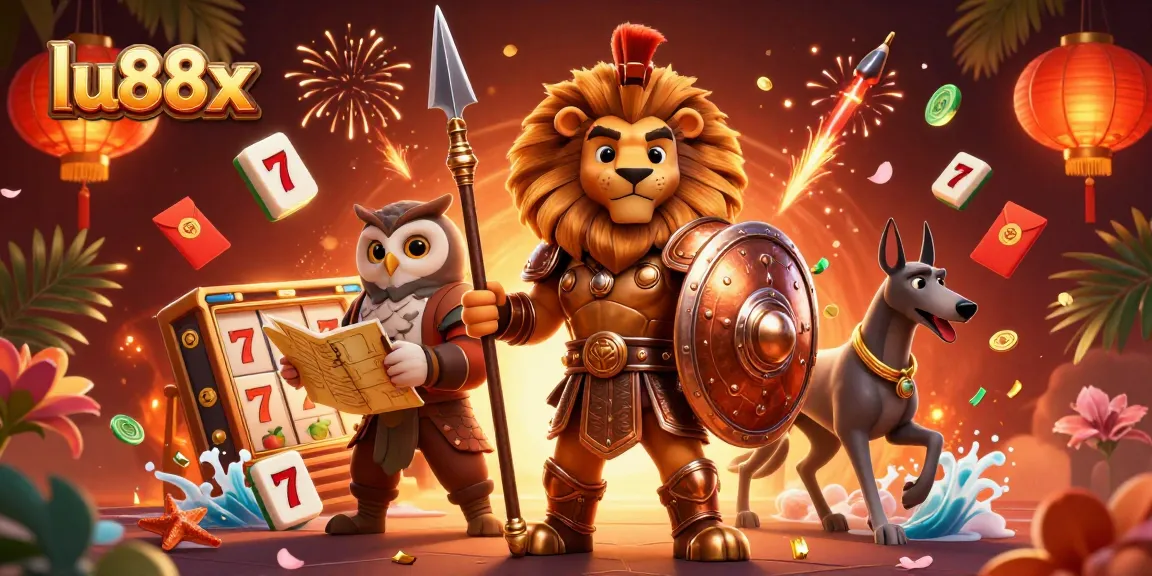 Experience the excitement of lu88x with a vibrant 3D depiction of a Spartan lion, strategic owl, and swift greyhound in a dynamic casino scene.