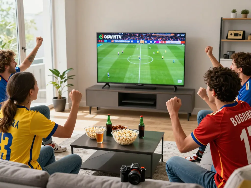 Friends enjoying a football match live on OKWINTV, celebrating victories together in their vibrant jerseys.