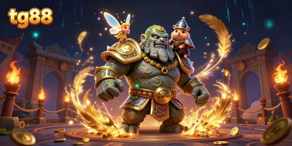 Experience the enchanting world of tg88 with a magical golem guarding riches and lively characters.