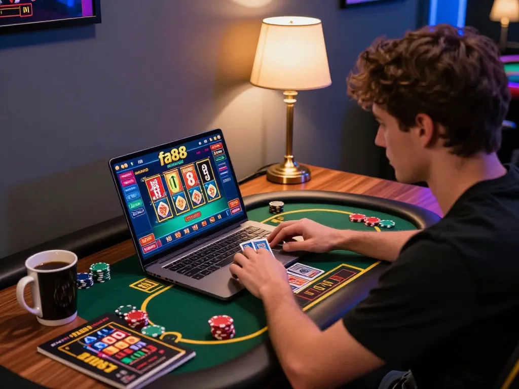 Player engaged in online casino gaming on fa88 interface, showcasing strategic betting with poker cards and chips.