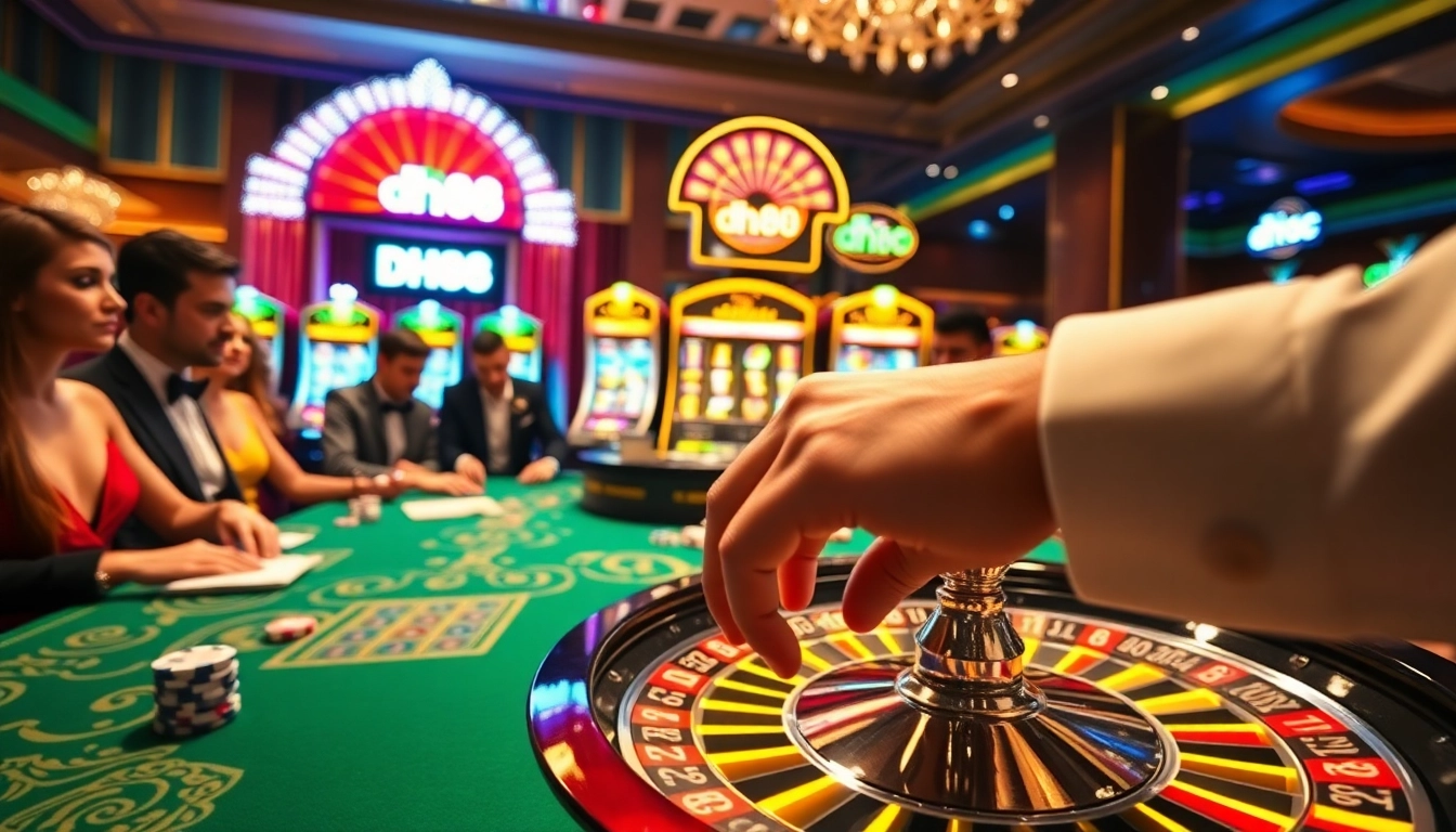 Excited gamblers at a roulette table showcase their skills in a luxurious casino space, spotlighting dh88.
