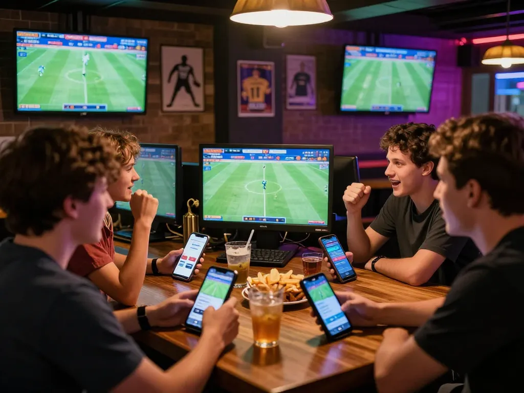 Exciting atmosphere of friends discussing kèo nhà cái at a sports bar with live football games.