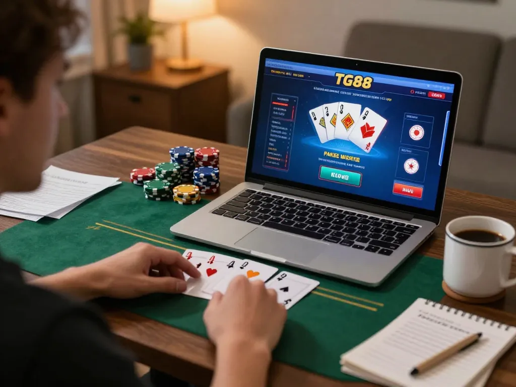 TG88 online poker action on a laptop with player engaged in strategic gameplay.