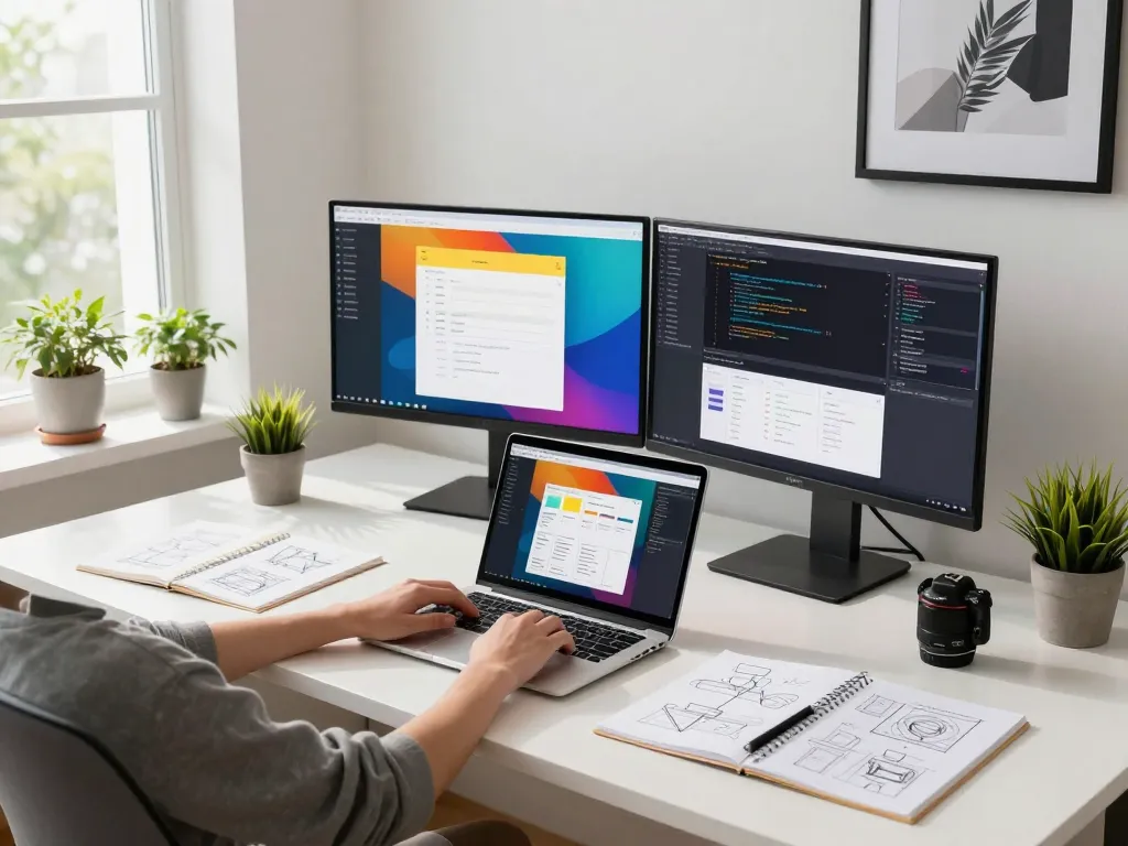 Web designer at tr886.org creating vibrant web layouts in a bright workspace.