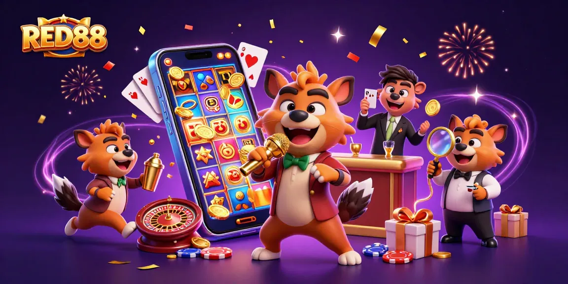 Experience RED88 with hyenas in a lively casino scene featuring games and humor.