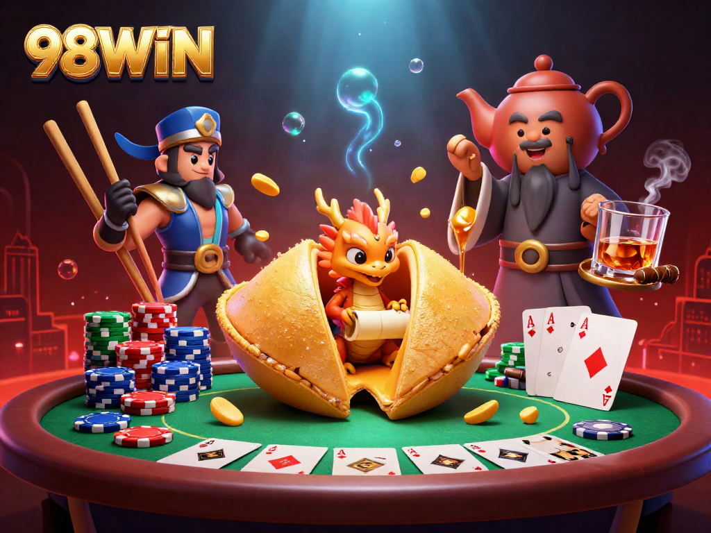 Engage in thrilling action with 98WIN as a wise dragon reveals fortunes amidst a vibrant casino epic.