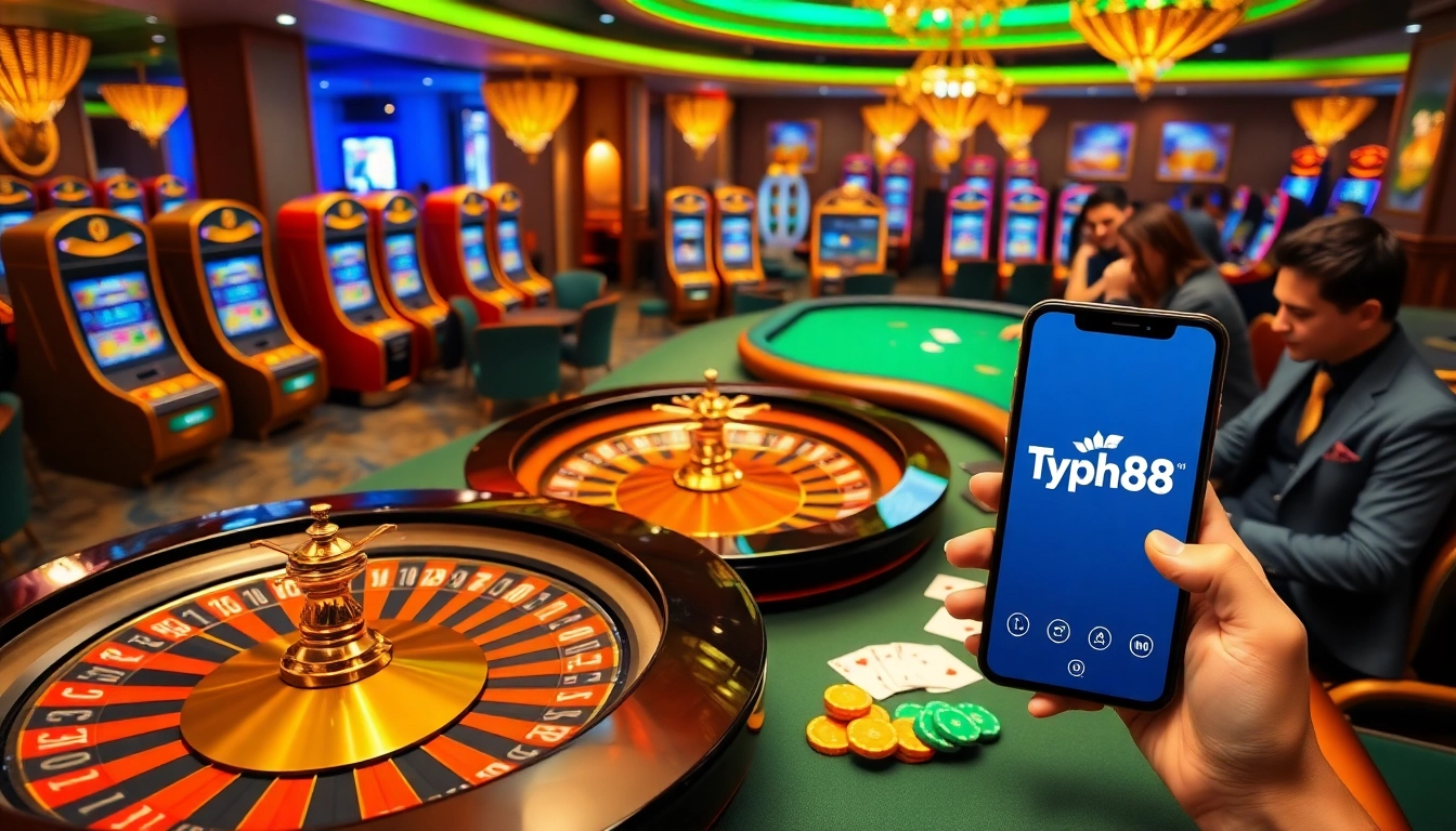 Experience the excitement of Typhu88 with players at casino tables and vibrant slot machines.