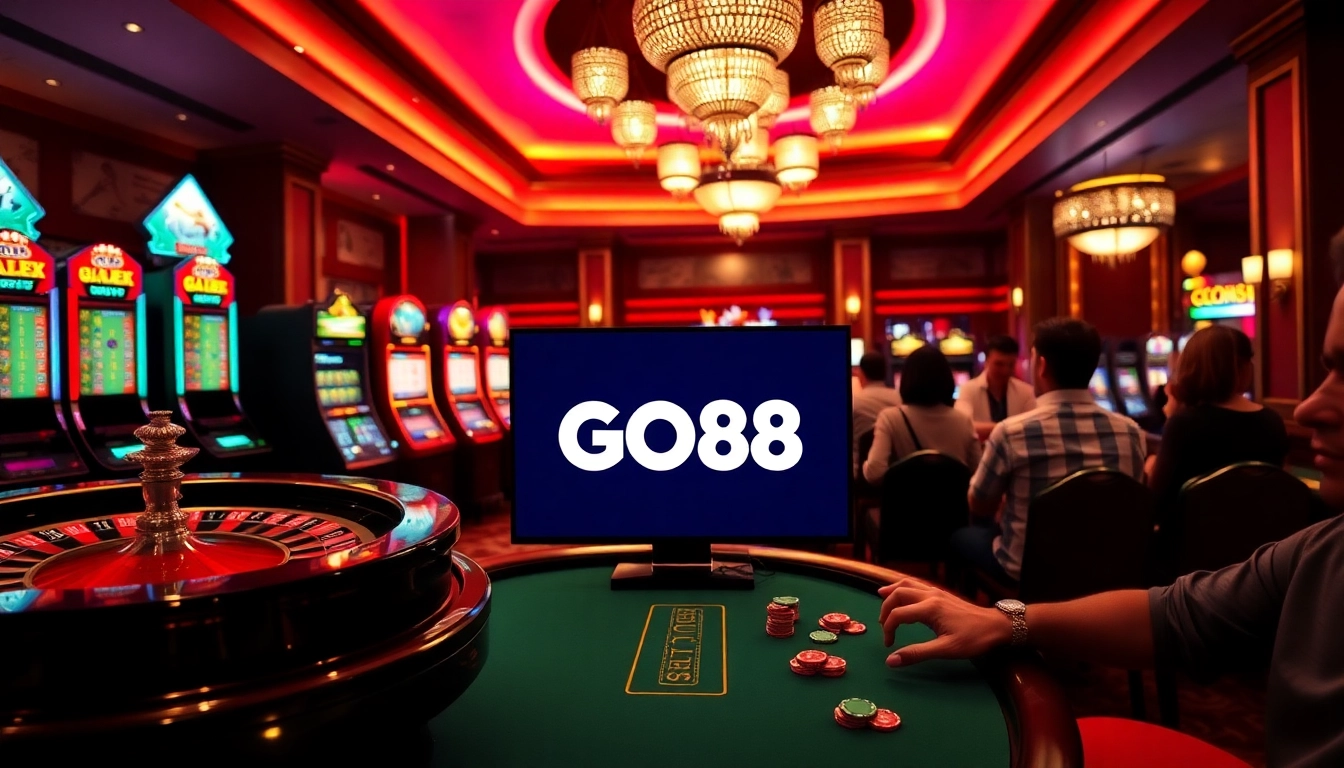 Players enjoying high-stakes games at a luxurious GO88 casino with vibrant slot machines.