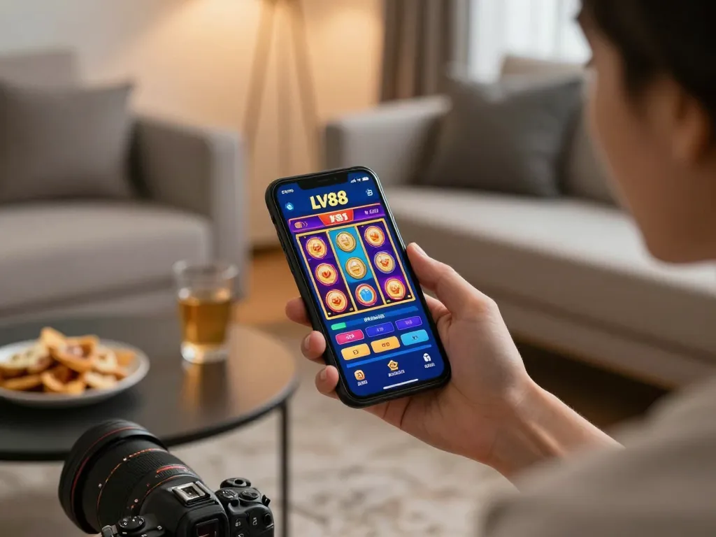 Mobile gaming experience with LV88 casino app displayed on smartphone in cozy home setting.