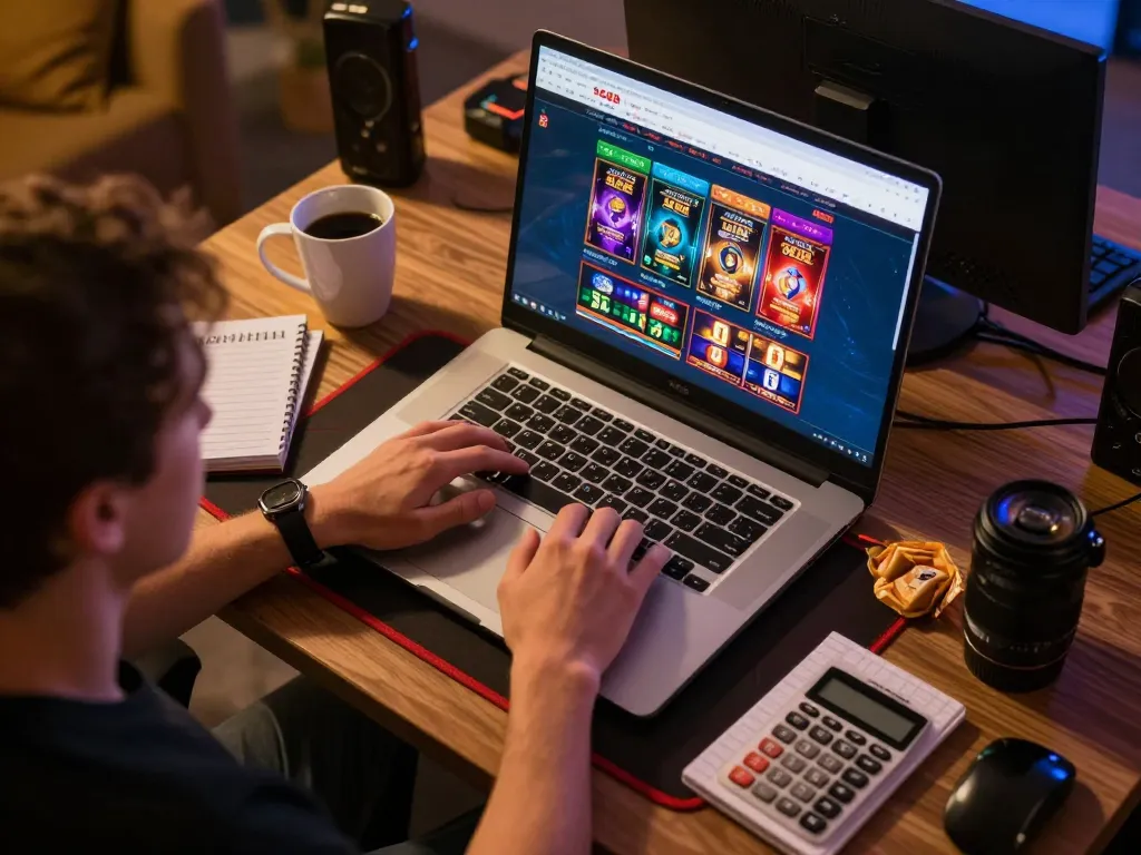 Engaging scene at https://sc88.casino/ showing a player immersed in online casino gameplay with a laptop and snacks